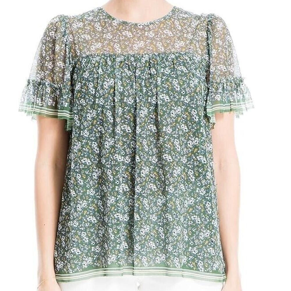 Max Studio Sheer Floral Blouse Ruffle Sleeve Button Back Women’s XS